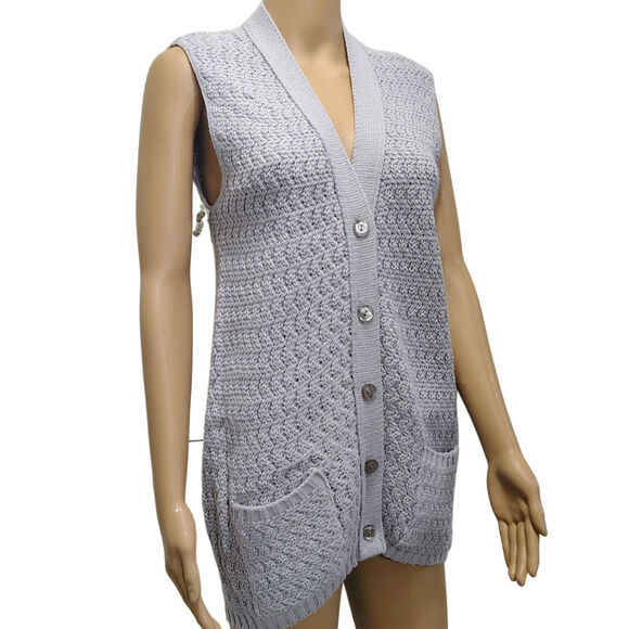 70s Gray Sweater Vest Acrylic Cardigan Button Up Boho Style College Point Size M - Picture 1 of 8
